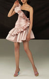 Rasario Pink Black One Shoulder Asymmetric Shoulder Ruffle Corset Bustier Dress
