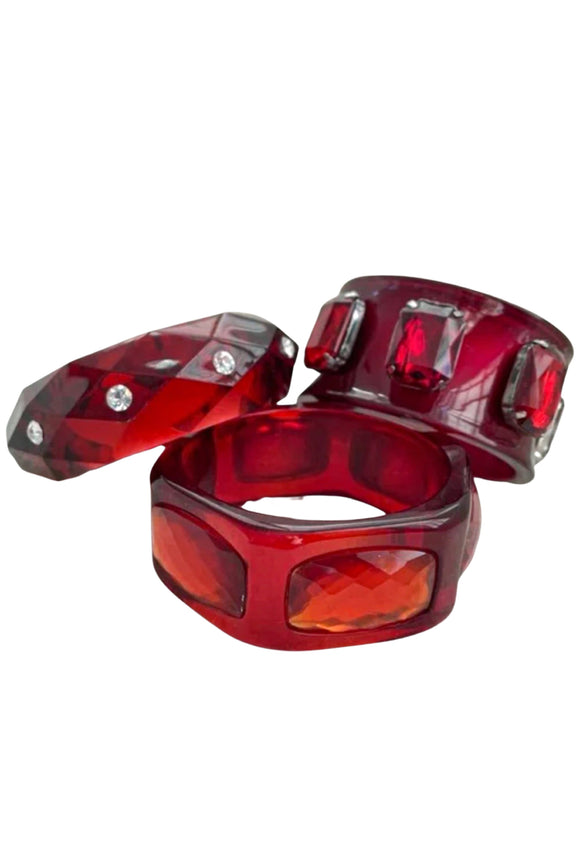 Vintage Red Lucite Red Square Crystal Bracelet Set of 3