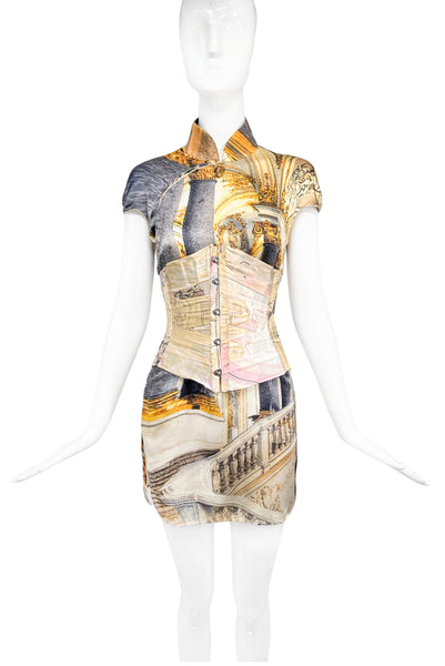 Roberto Cavalli Gold Pink Iconic Baroque Print Mini Dress with Corset – PauméLosAngeles