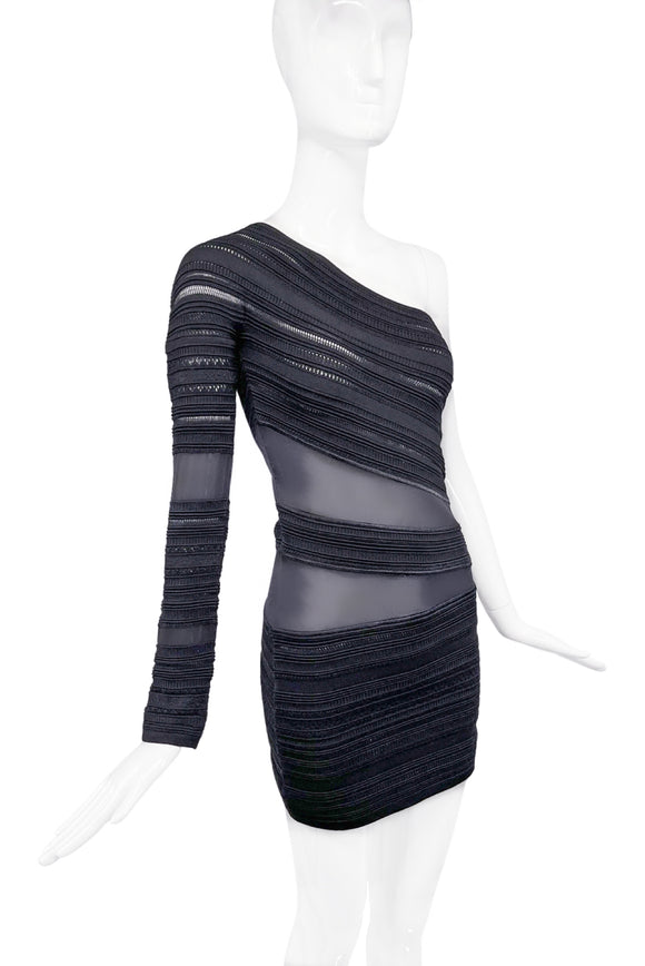 Roberto Cavalli Black Sheer Mesh Textured One Shoulder One Sleeve Asymmetric Body Con Dress