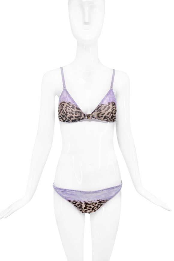 Roberto Cavalli Purple Lavender Leopard Silk Bra Panty Set