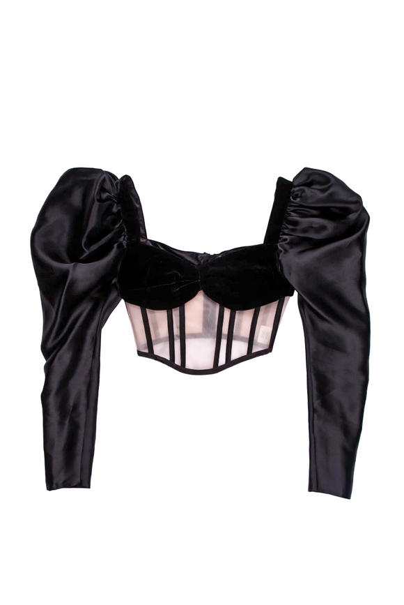 Rozie London Corset Black Sheer Nude Velvet and Taffeta Puff Sleeve Corset Top