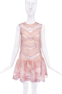 Valentino Nude Pink Beige Sheer Mesh Net Lace Scallop Edge Mini Dress