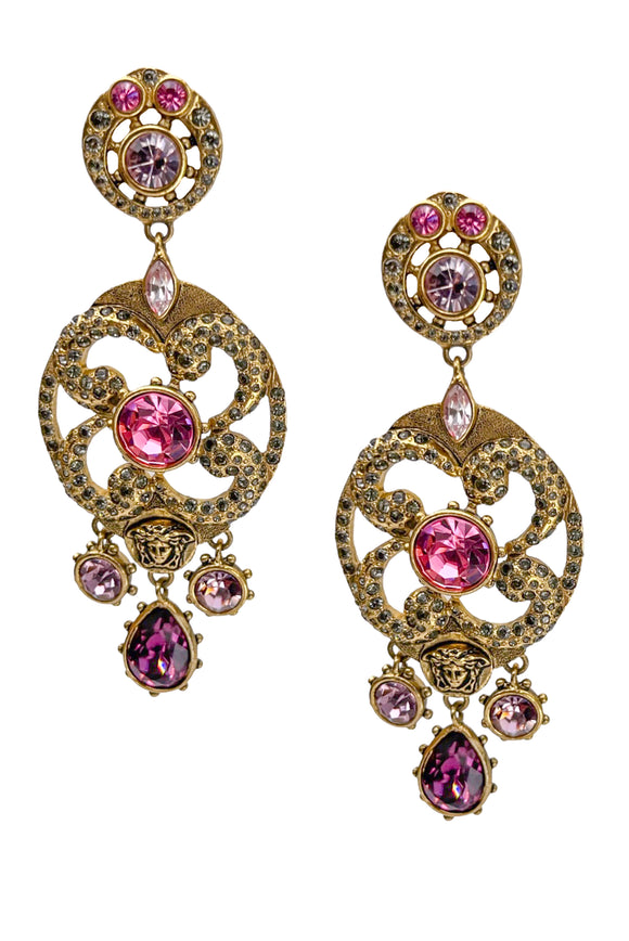 Versace Bronze Gold Pink Gemstone Medusa Chandelier 90's /2000's Earrings