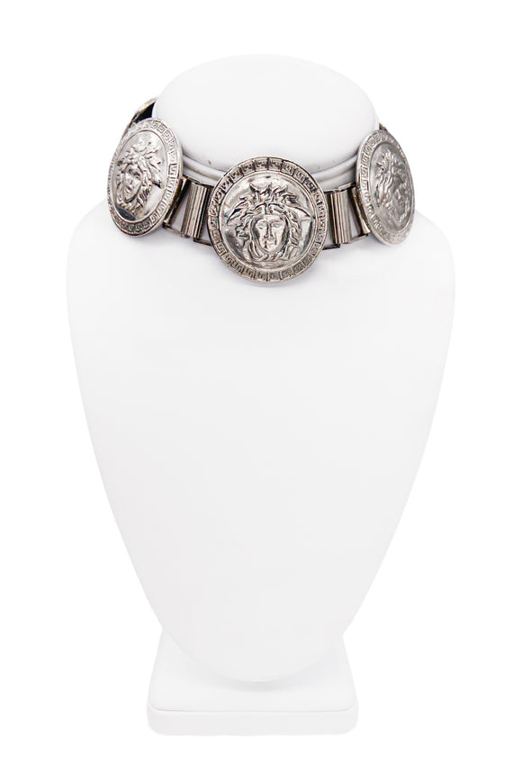 Versace Silver Medusa Coin Chain Choker Necklace
