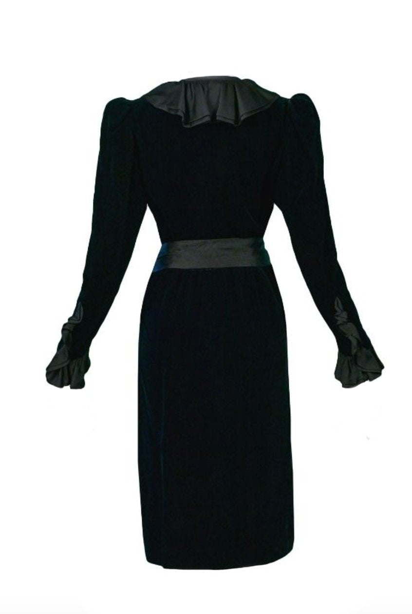 Saint Laurent Black Velvet "Catherine Deneuve" Dress with Silk Ruffle PaumLosAngeles Saint Laurent Black Velvet "Catherine Deneuve" Dress with Silk Ruffle PaumLosAngeles